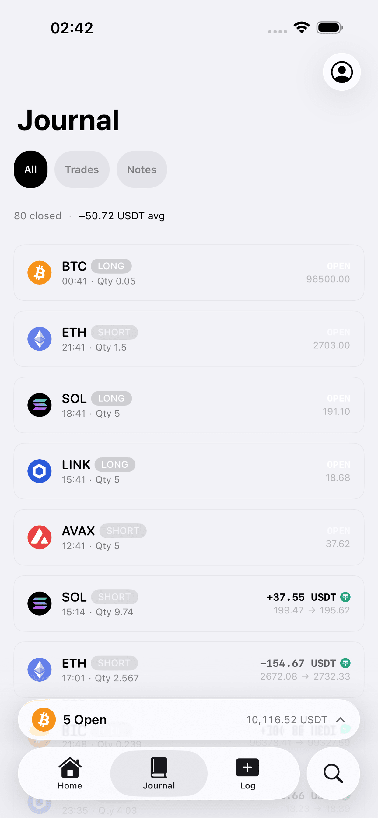 Trade journal with filtering and search