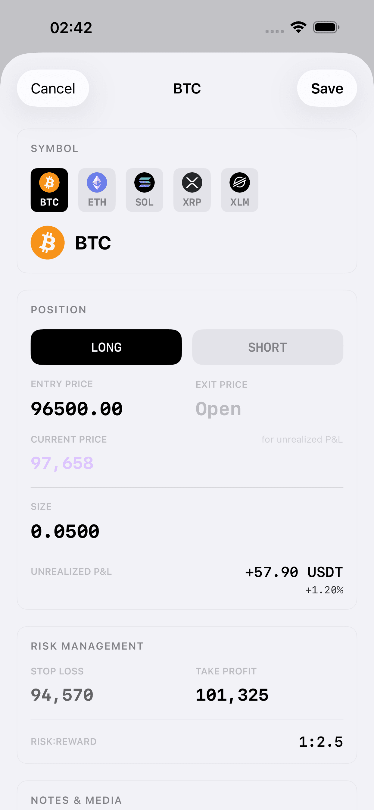 Trade detail with full performance breakdown